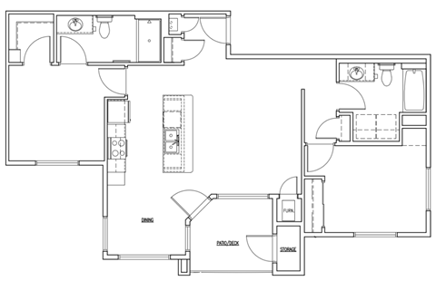a line drawing of a 2 bedroom unit
